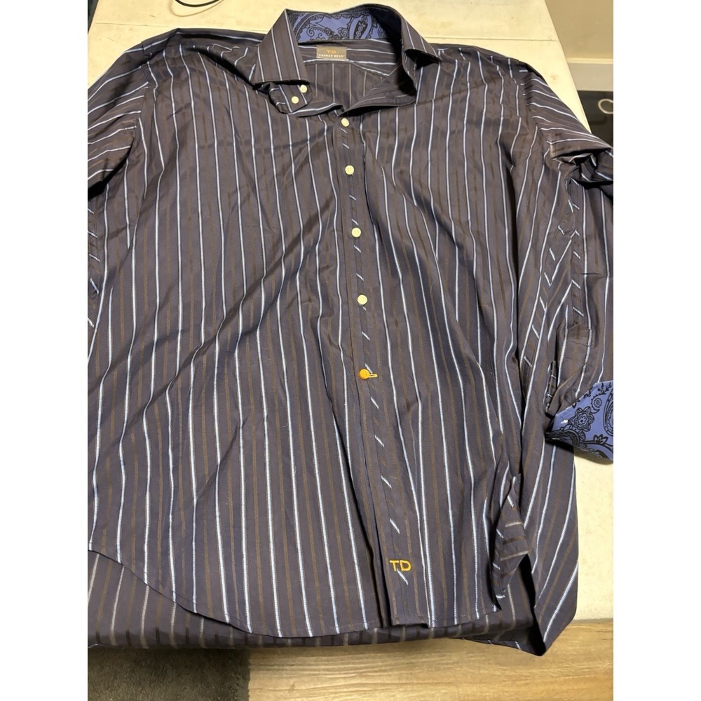 Thomas Dean Mens Button Front Long Sleeve Cotton Navy Multi Stripe Shirt XL